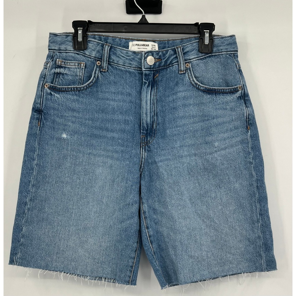 Pull&Bear Women Medium Wash High Waisted Raw Hem‎ Denim Shorts Jorts Size 6